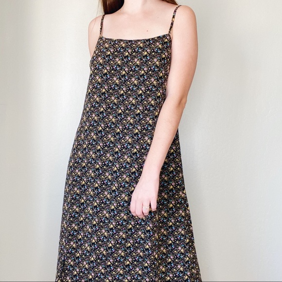 Vintage 90s y2k Black Floral Slip Midi Dress Wedding Event Formal - Picture 2 of 8